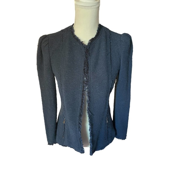Rebecca Taylor Frayed Cardigan Jacket Collarless Long Sleeve Size 2 Blue - Picture 1 of 11
